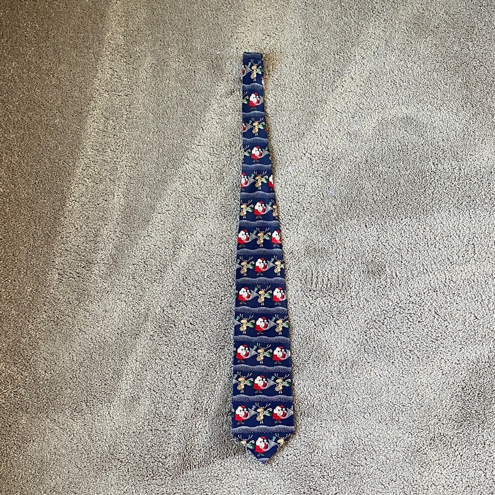 Hallmark Holiday Traditions Christmas Silk Tie Navy Santa Reindeer Festive